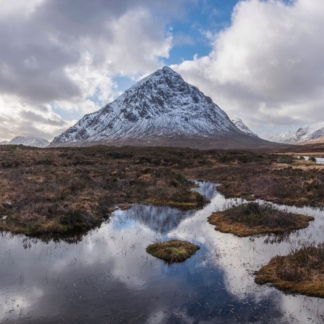 Winter landscape of River Etive with snowcapped Stob Dearg, Buachaille Etive Mor mountain